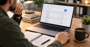 فرد در حال تایپ نام دامنه در مرورگر، نمادی از اشتباهات رایج در انتخاب دامنه