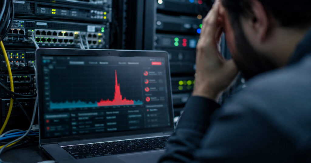 نمودار ترافیک شبکه با افزایش ناگهانی، نمادی از حمله DDoS به هاست سرور