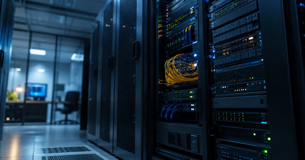 رک سرور با چراغ‌های وضعیت فعال، نمادی از انتخاب هاست و دامنه مطمئن برای کسب‌وکار